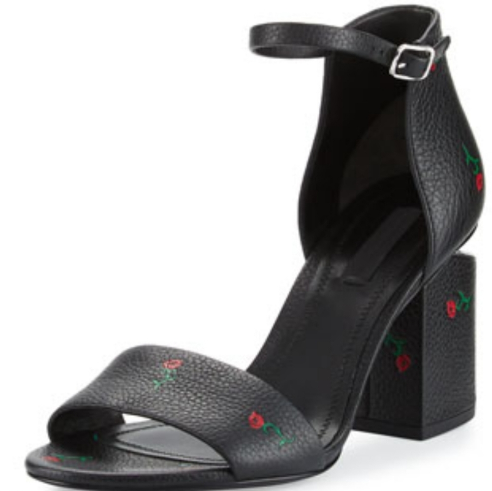 Alexander Wang Abby Rose-Print Leather Sandal, Black 39.5